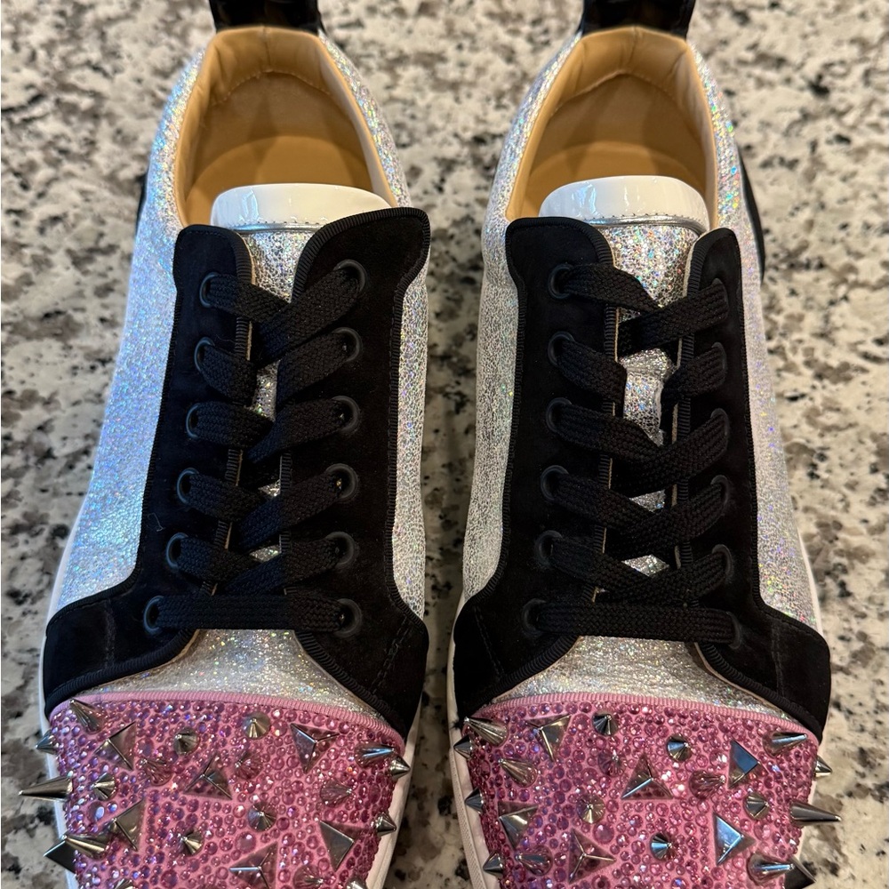 Christian Louboutin Iridescent Silver & Pink Crystal-Studded Low-Top Sneakers